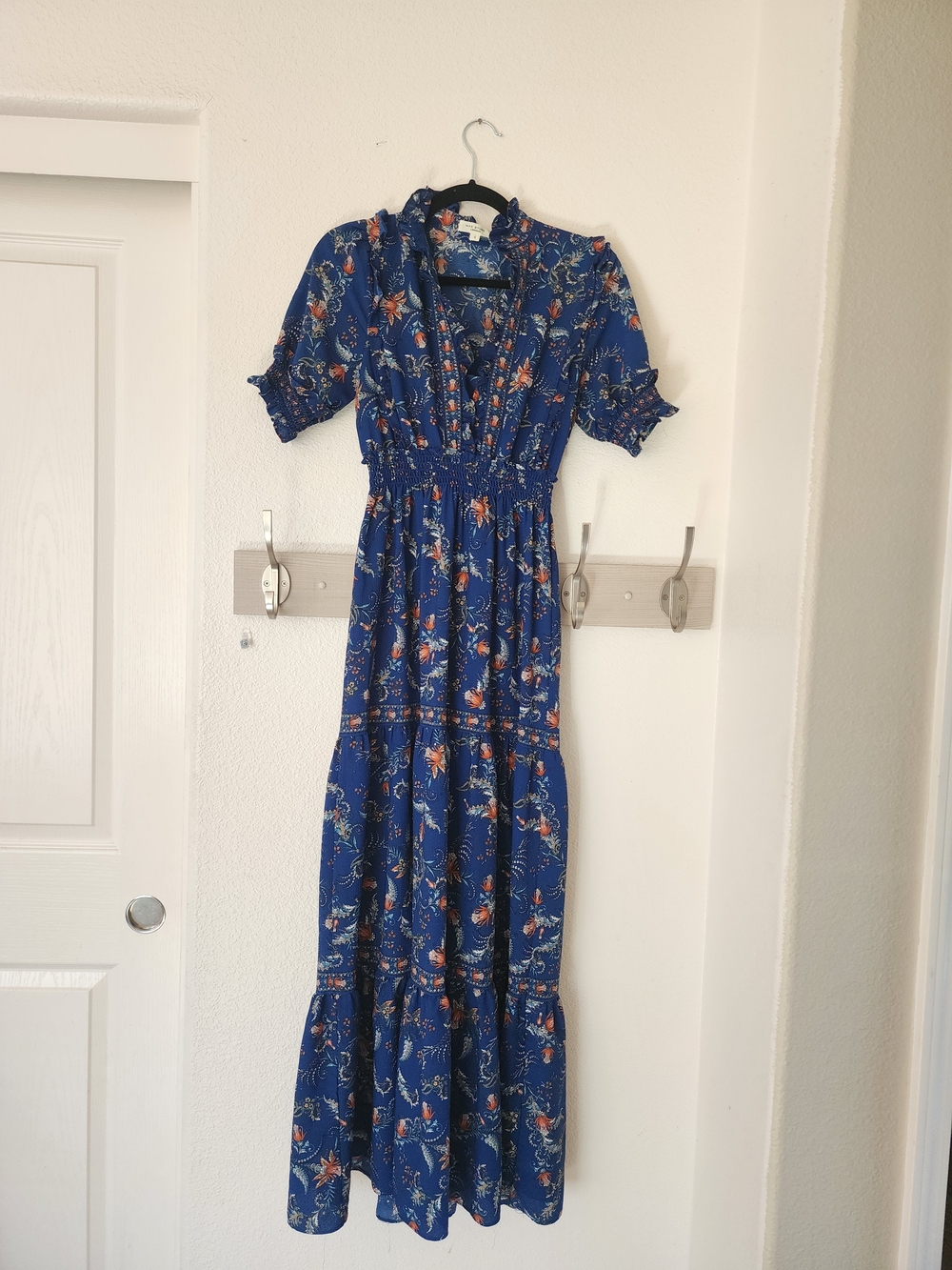 Max Studio London S Blue Floral Boho Tiered Maxi Dress